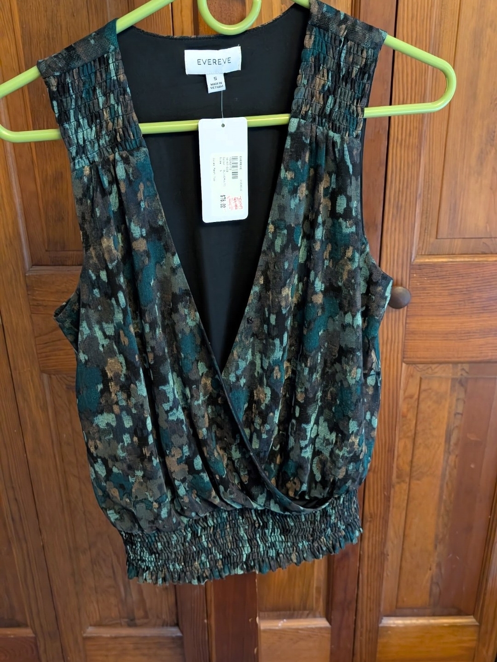 Evereve Teal & Brown Smocked Surplice Tank NWT